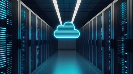 A futuristic data center hallway featuring servers with glowing blue lights and a neon cloud symbol, representing cloud computing technology.
