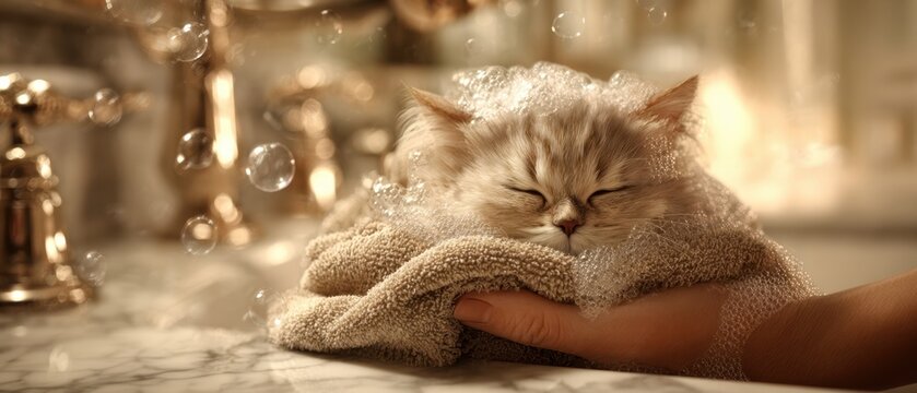The adorable kitten enjoying a soothing bubble bath on a cozy towel.