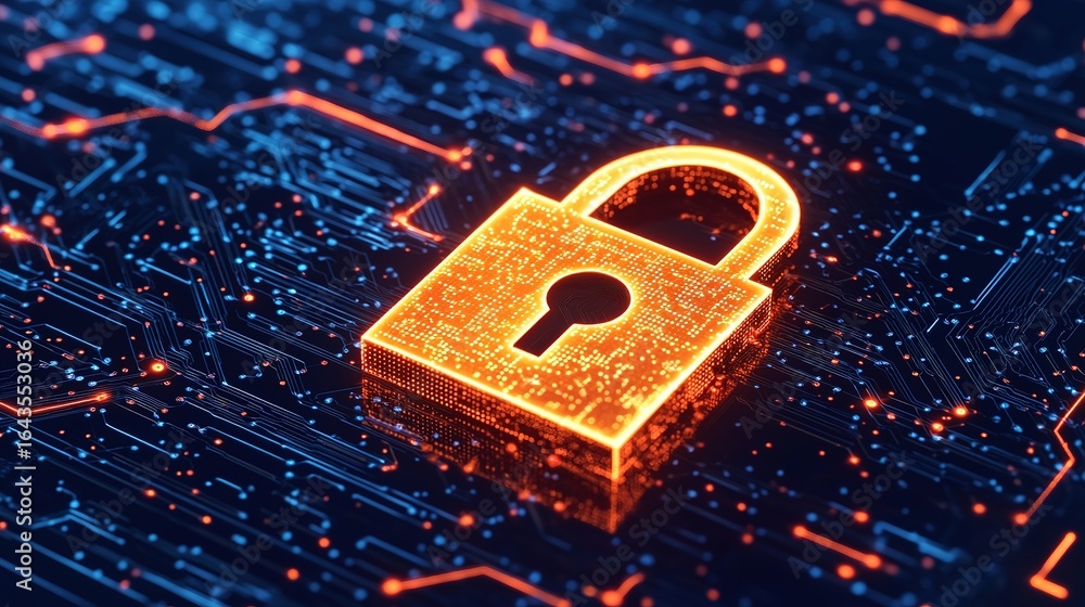 Poster a glowing digital padlock on a circuit board background symbolizes cybersecurity and data protection