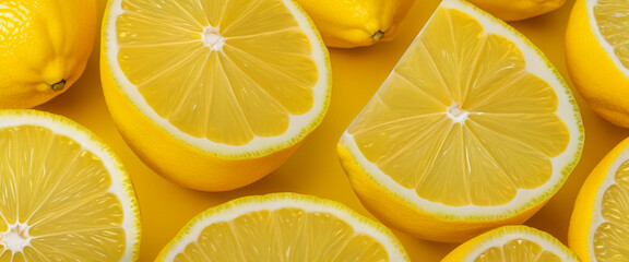 Close up of sliced lemons in abundance. Fresh lemon halves filling the frame. Multiple lemon slices in bright composition.