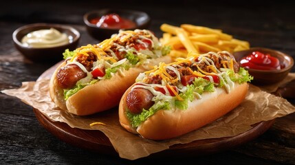 The delicious hot dogs with toppings and fries on a rustic wooden platter.