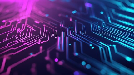 A vibrant, abstract representation of a circuit board, showcasing intricate lines and luminous colors in shades of purple and blue.