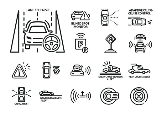 Futuristic Car Technology Lane Keep Assist, Blind Spot Monitor & Adaptive Cruise Control Icons