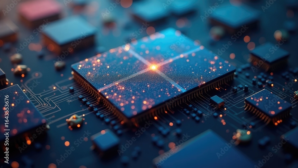 Poster close-up view of a complex circuit board with integrated chips.