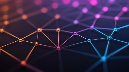 A vibrant, abstract network design featuring interconnected nodes and lines, showcasing a blend of colors in a digital style.
