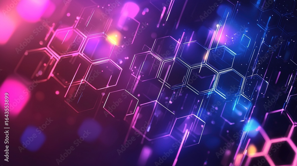 Poster a vibrant, abstract digital design featuring hexagonal patterns and colorful light effects, creating