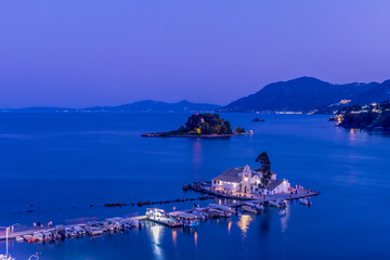 Blue hour at Kanoni village in Corfu island in Greece.

