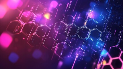 A vibrant, abstract digital design featuring hexagonal patterns and colorful light effects, creating a futuristic atmosphere.