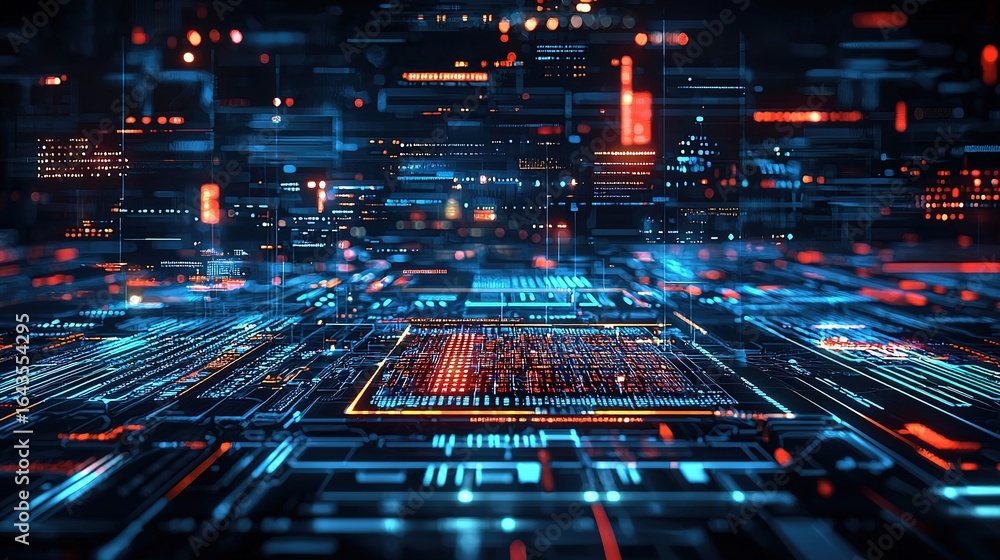 Aufkleber a vibrant digital landscape showcasing interconnected circuits and glowing data nodes, representing 