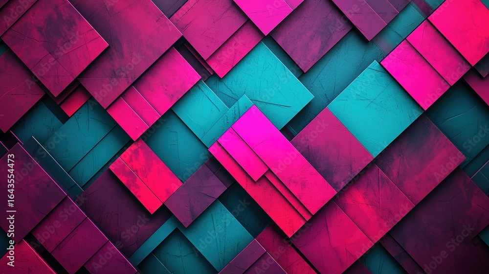 Poster an abstract design featuring interlocking geometric shapes in vibrant pink and teal hues, creating a