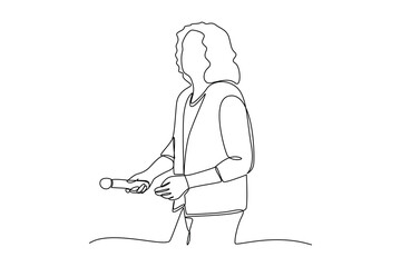 simple continuous line draw of a singer pointing the mic down during a concert. Concert activity, music for fun, music.