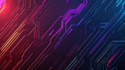 Obraz premium A vibrant, abstract digital design featuring intricate circuit patterns in shades of blue, pink, and purple against a dark background.