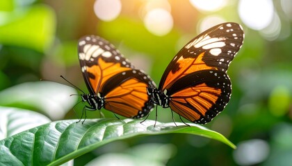 Naklejka premium Two striking monarch butterflies resting gracefully on a vibrant green leaf
