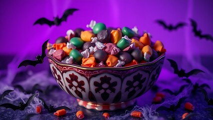 A vintage candy bowl surrounded by plastic bats and cobwebs, set in eerie purple Halloween lighting.