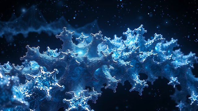 Fototapeta Metallic alloy fractals grow crystalline structures emitting blue energy waves in deep space.