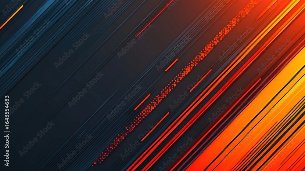 Poster a vibrant abstract design featuring diagonal lines in shades of red, orange, and blue, creating a dy