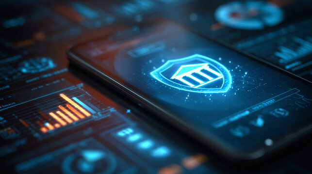 Digital Banking Security: A smartphone displays a secure banking app interface with vibrant, glowing graphs and data visualization. Focus on safety and innovation.