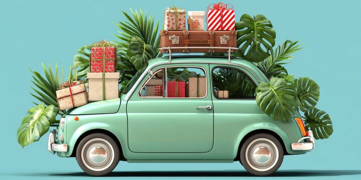 Retro car laden with gifts and tropical foliage, a festive, holiday theme