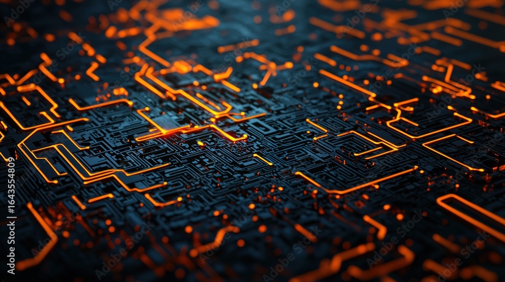 Poster a close-up view of intricate circuit patterns glowing in orange and black, symbolizing technology an