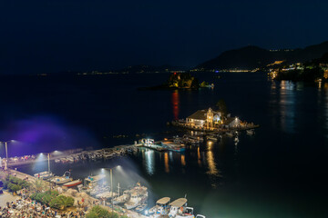 Night hour at Kanoni village in Corfu island in Greece. View from the top. A famous touristic spot.
