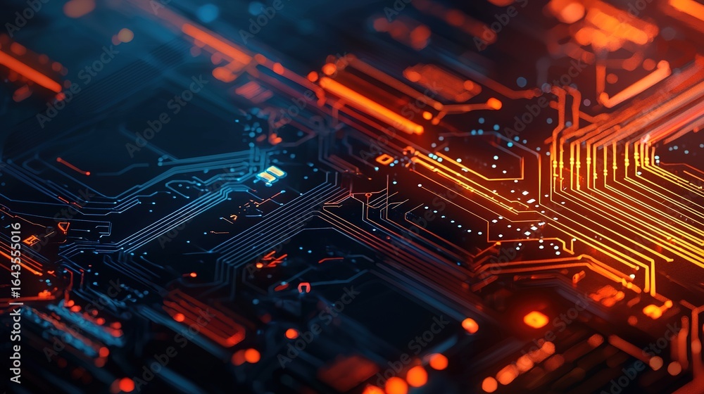 Poster a vibrant close-up of a circuit board showcasing intricate electronic pathways and illuminated conne