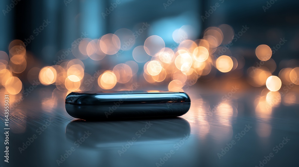 Aufkleber closeup of a modern object on reflective surface with beautiful bokeh lights