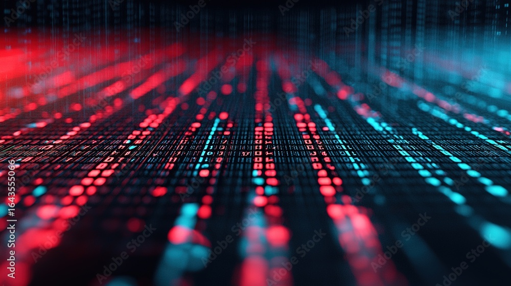 Aufkleber a vibrant digital landscape featuring flowing binary code in red and blue hues, representing data an