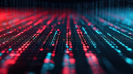 A vibrant digital landscape featuring flowing binary code in red and blue hues, representing data and technology.