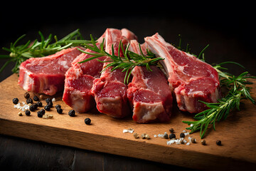 Fresh lamb chops arranged on wooden cutting board with rosemary and peppercorns, showcasing raw red meat in rustic kitchen setting, evoking savory and appetizing mood