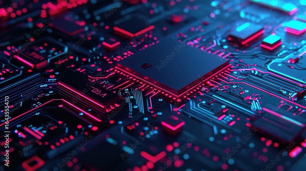 Poster a vibrant close-up of a circuit board showcasing intricate patterns, glowing in shades of blue and r