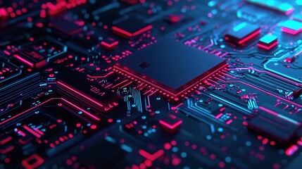 A vibrant close-up of a circuit board showcasing intricate patterns, glowing in shades of blue and red, representing advanced technology and digital design.