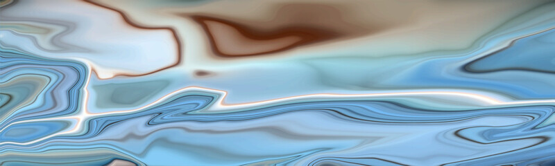 Abstract fluid pattern in blue, brown, and white tones with smooth waves and marble-like flowing shapes.
