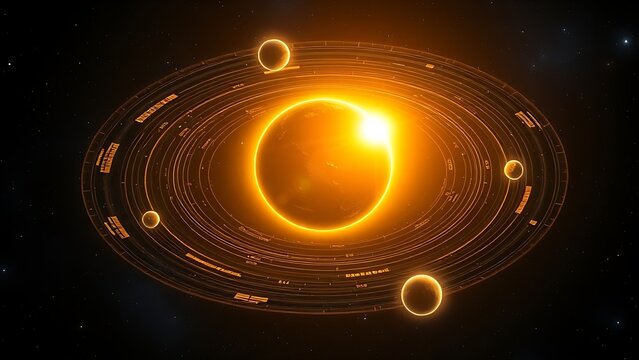 Star surrounded by five glowing planetary orbits highlighting habitable zones.