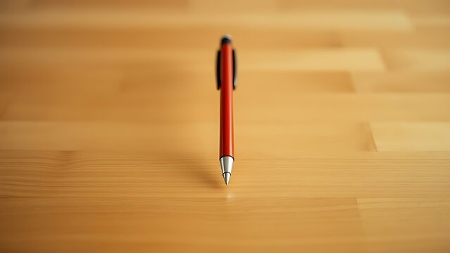 Ballpoint pen on wooden background, highlighting simplicity and focus in workspace.