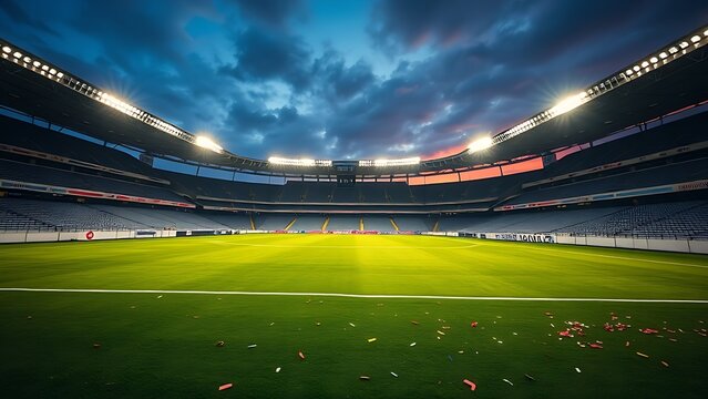 Empty soccer stadium at dusk with glowing floodlights and green turf showing subtle confetti remnants.