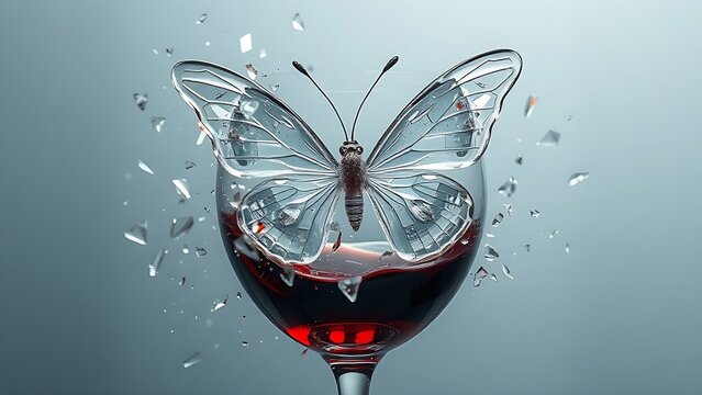 A shattered wine glass reforming into a crystal butterfly, depicting transformation.