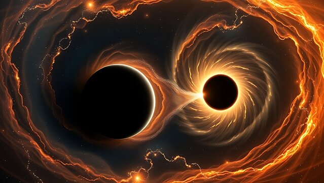 Two supermassive black holes in a cosmic dance, connected by energy streams across vast interstellar distance