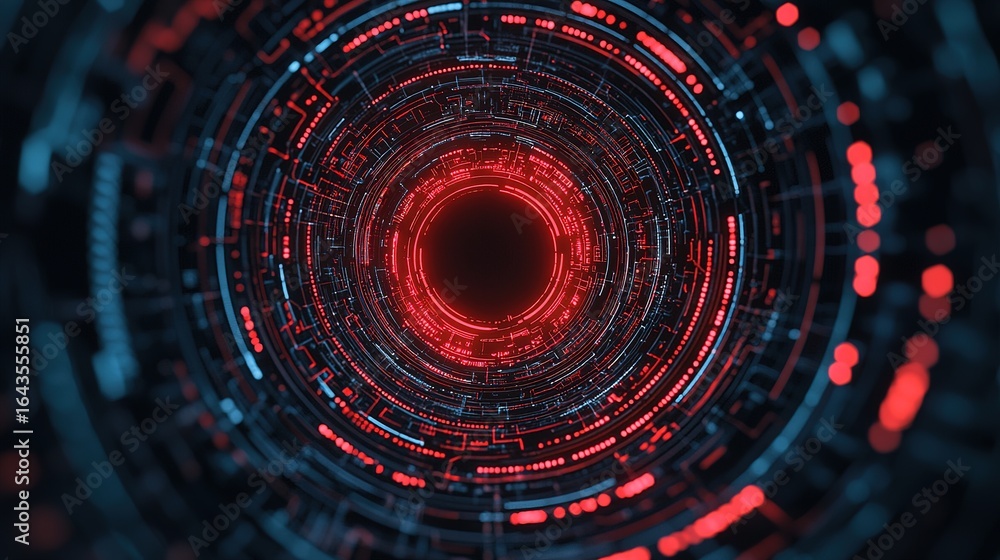 Poster a mesmerizing digital vortex with intricate patterns of red and blue circuitry, evoking a sense of d