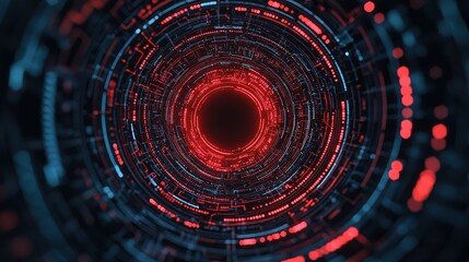 A mesmerizing digital vortex with intricate patterns of red and blue circuitry, evoking a sense of depth and technological innovation.