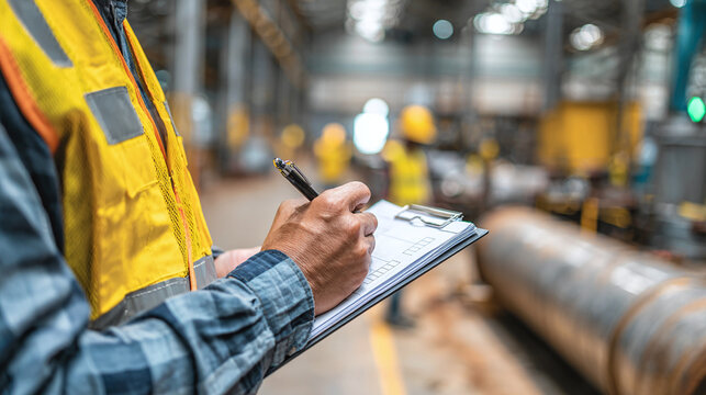 Worker inspecting inventory at factory. Supervisor checking off items on a clipboard. Quality control in industrial setting. Health and safety assessment.