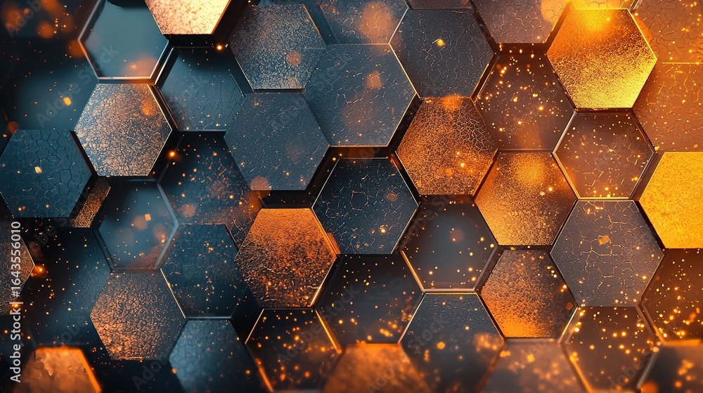 Poster A dynamic hexagonal pattern with a blend of dark and golden hues, creating a visually striking background.