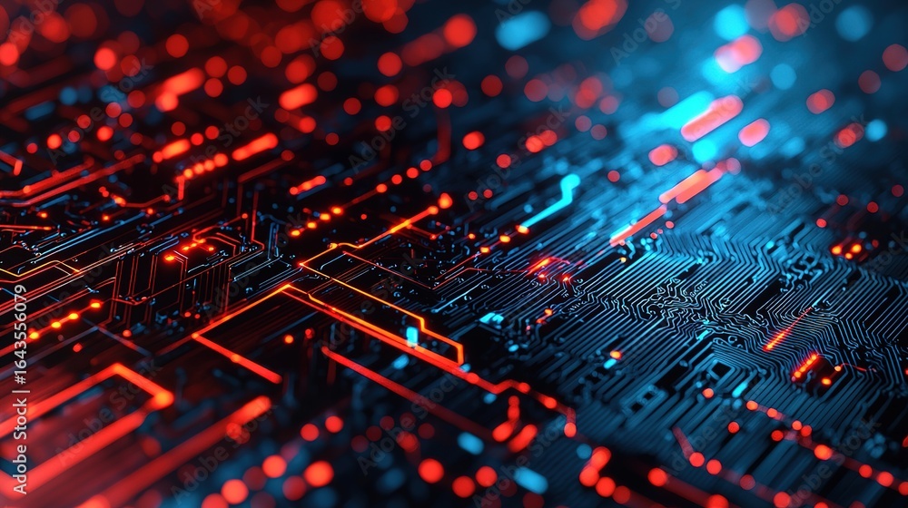 Poster a vibrant, abstract representation of a circuit board, showcasing intricate patterns and glowing ele