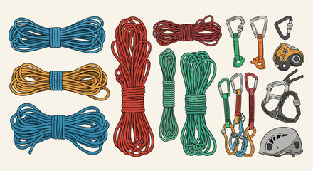 Illustration showing climbing equipment including ropes carabiners and other safety gear for rock climbing
