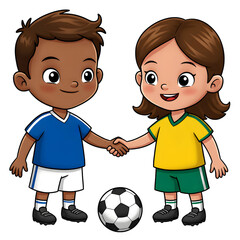 Two young soccer players shake hands over a soccer ball, promoting sportsmanship and unity