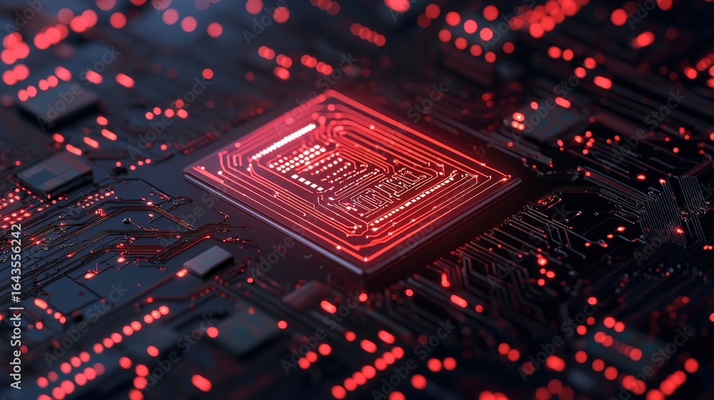 Poster a detailed close-up of a modern microchip with vibrant red circuitry against a dark background, show