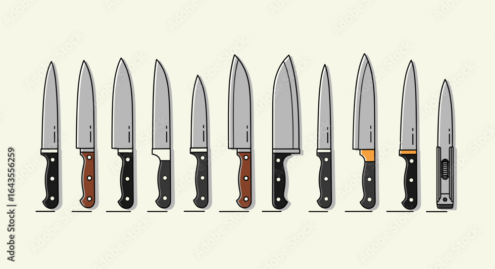 Wall mural a collection of various kitchen knives displayed in a row with different blade shapes and handle sty