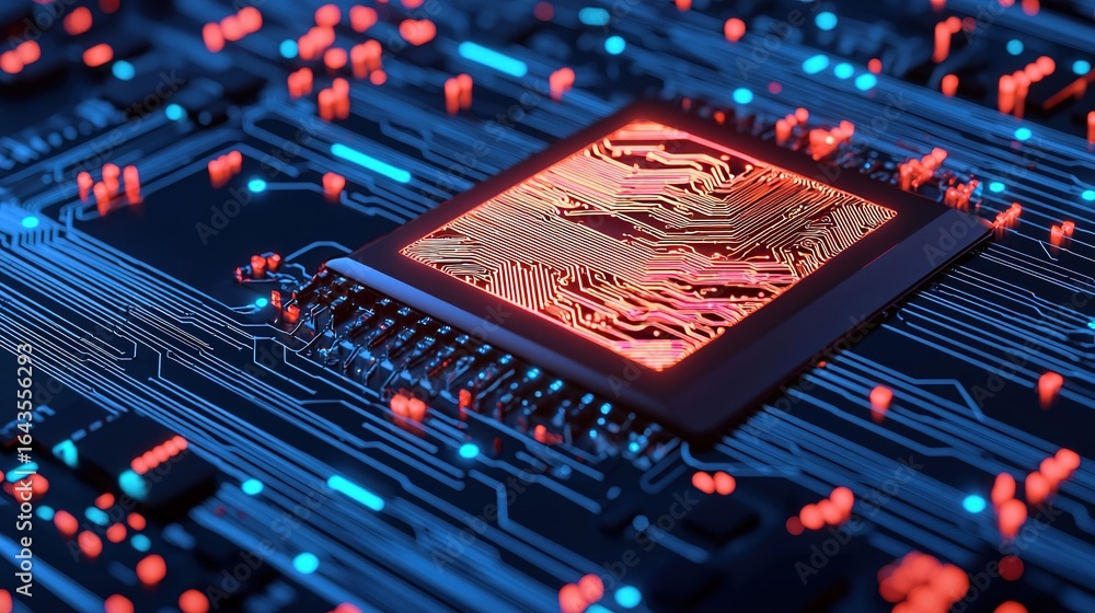 Poster a close-up view of a circuit board featuring a prominent chip with glowing patterns, surrounded by v