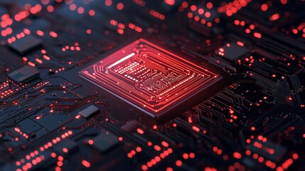 A detailed close-up of a modern microchip with vibrant red circuitry against a dark background, showcasing advanced technology and intricate design.