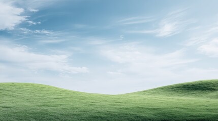 Fototapeta premium Expansive green hills under a bright blue sky with soft clouds, creating a serene and tranquil outdoor landscape for relaxation and inspiration