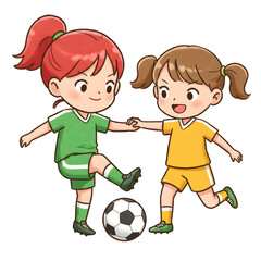 Two young girls playing a friendly soccer game. They are both smiling, enjoying the match.